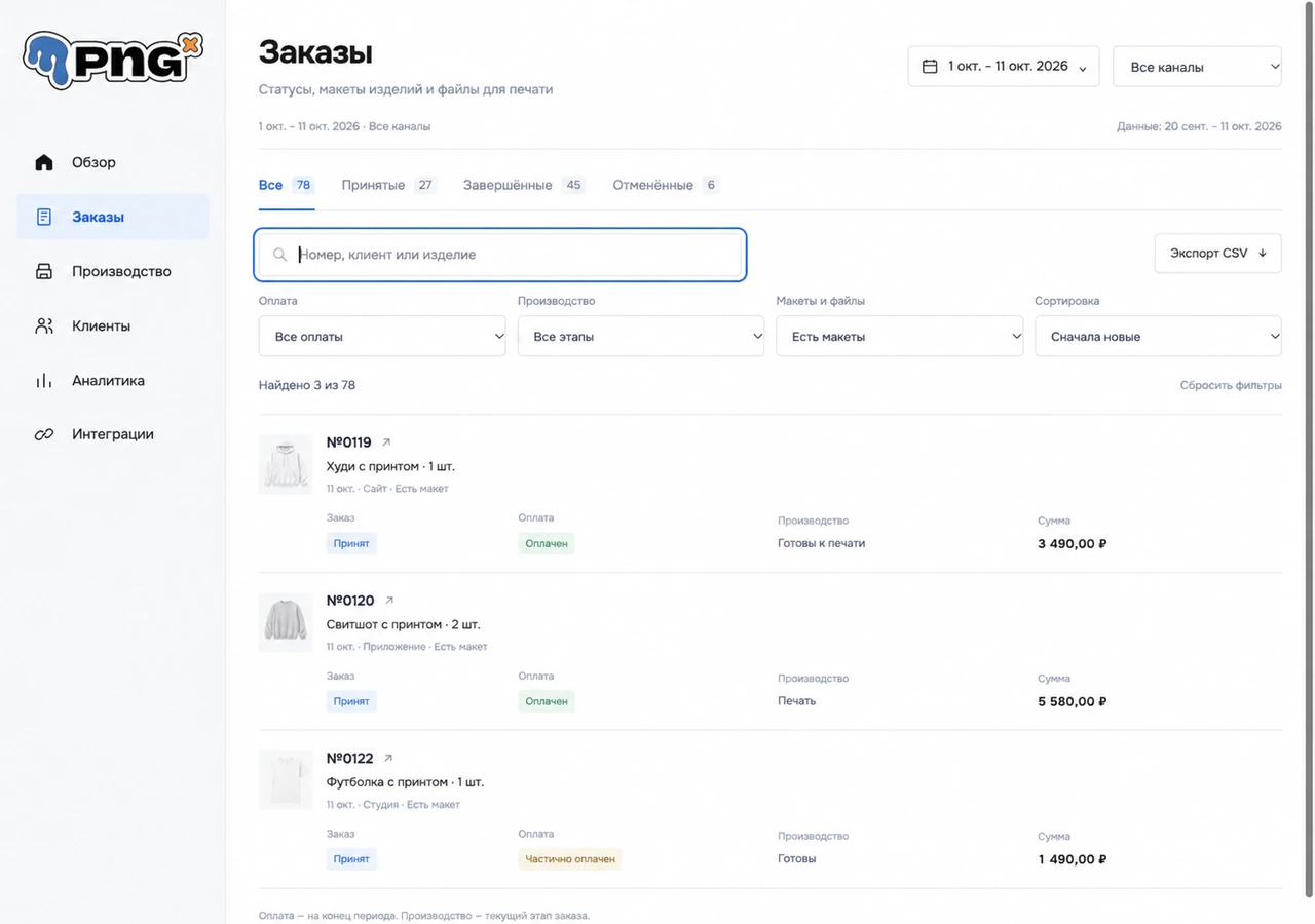 Админ-панель PNG App: список заказов