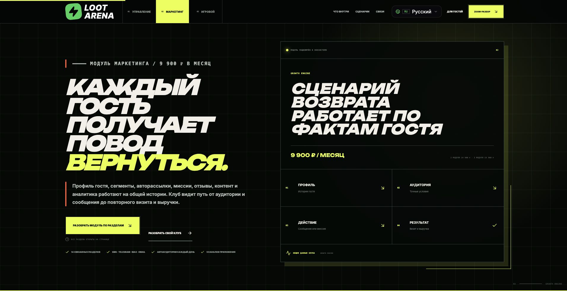 Loot Arena: обзорная страница маркетингового модуля для владельцев клубов